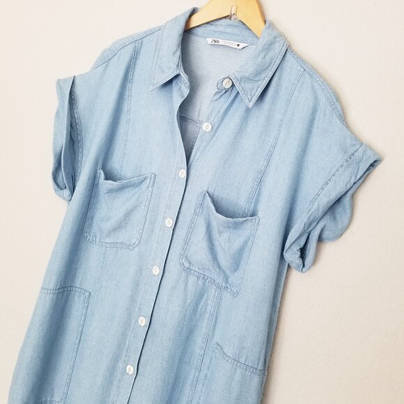 Zara Linen Blend Button Down Blue Chambray Midi Shirt Dress XL Soft Light Denim - Picture 2 of 16